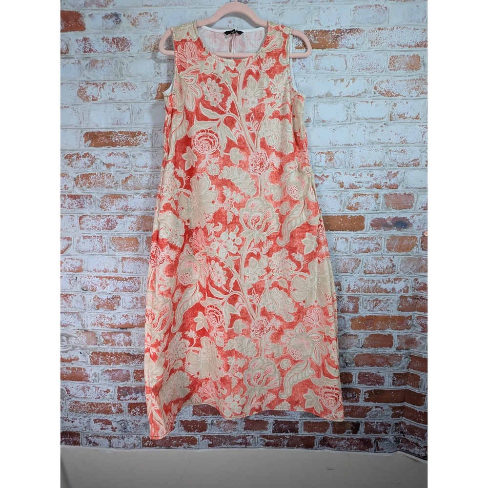 Shall We Floral Midi Dress Womens Small Orange Sleeveless A-Line Casual Summer
